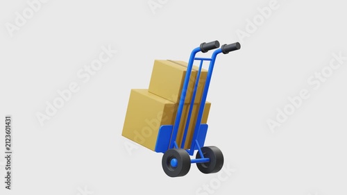 3D render of blue hand truck carrying stacked brown cardboard boxes, isolated on transparent background, alpha channel. for logistics, shipping, cargo handling, moving. Looped animation