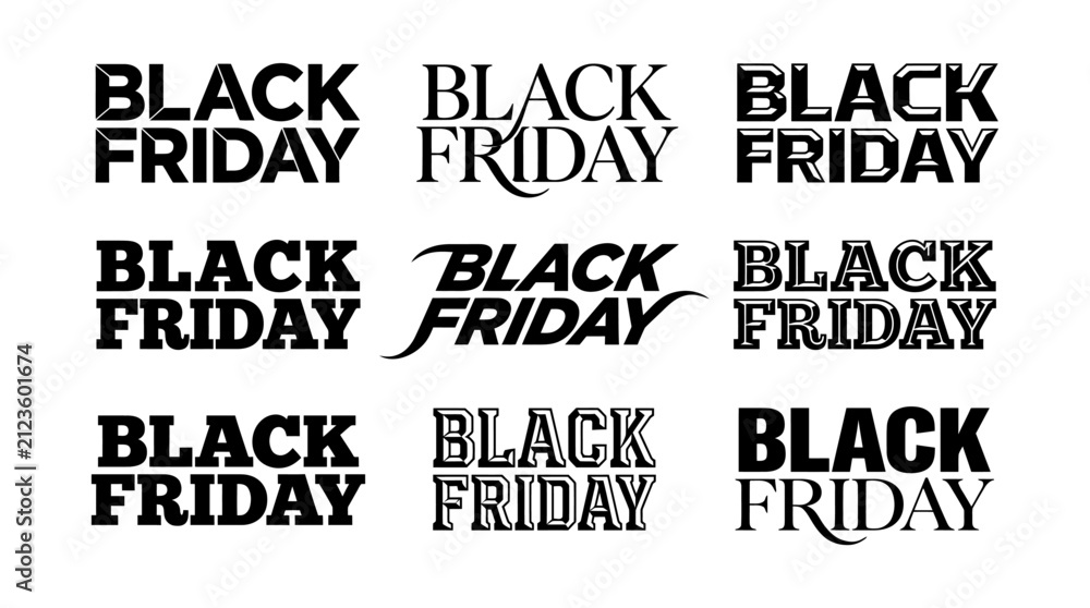 Obraz premium A collection of various black friday typography designs featuring different artistic fonts for retail sale marketing campaigns