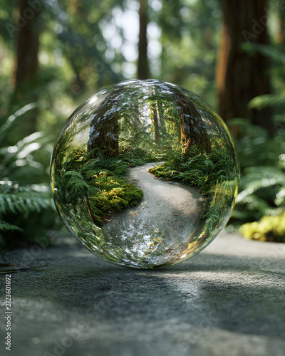 Crystal ball in a forest path water ball reflection generated.AI