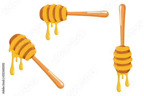 Wooden honey dippers dripping golden honey. Sweet vector illustration perfect for food, organic product, and natural design themes