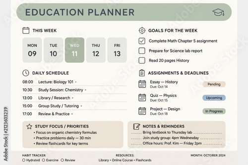 Weekly student planner for organization.
