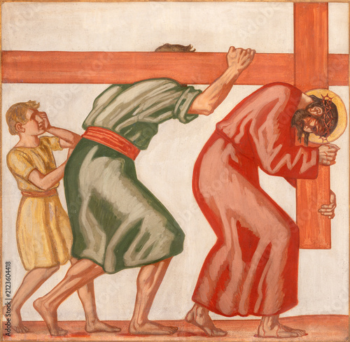 Zurich - 
The fresco Simon of Cyrene helps Jesus carry the cross as part of C...