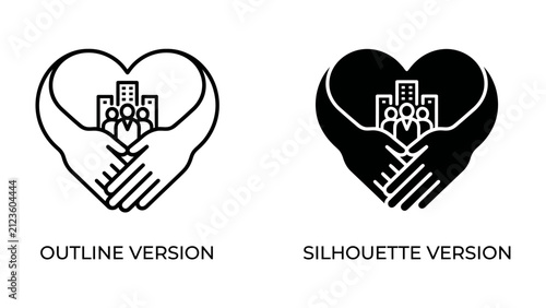 Heart with Hands and Cityscape: A symbol of care and community, a heart shape formed by cupped hands encircles a group of stylized people and buildings, representing unity and support.