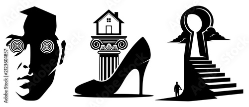 Conceptual surrealism set with hypnotic eyes house on column and stairway to keyhole portal