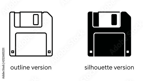 Фотография Floppy Disk Icon: An illustration showing both an outline and silhouette version of a classic floppy disk, representing data storage and retro technology