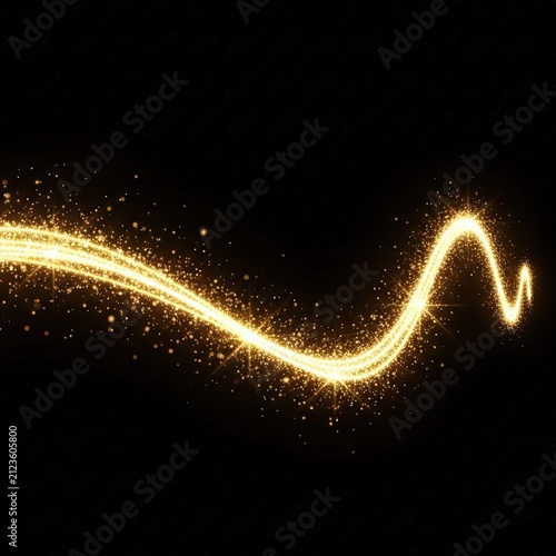 Golden glittering magic wave light effect on black background.