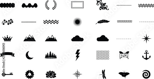 Nature and seasonal icons collection with decorative patterns for creative graphic design projects