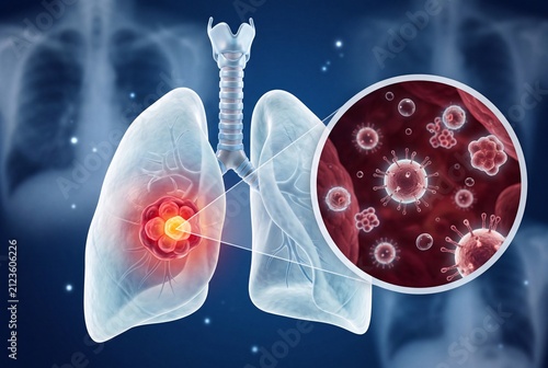 3d medical illustration of a human lung with a tumor and viral infection cells