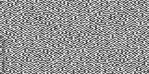 Seamless black and white geometric pattern with abstract maze and labyrinth lines. Vector monochrome background, tileable texture for textile, wallpaper, and web design.