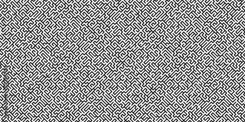 Seamless black and white geometric pattern with abstract maze and labyrinth lines. Vector monochrome background, tileable texture for textile, wallpaper, and web design.