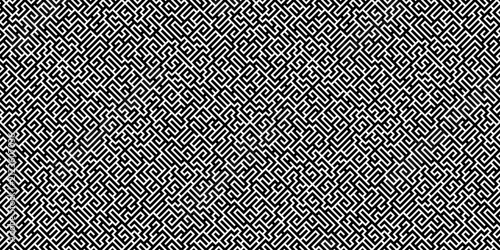 Seamless black and white geometric pattern with abstract maze and labyrinth lines. Vector monochrome background, tileable texture for textile, wallpaper, and web design.