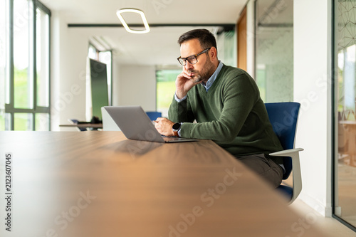 Obraz na płótnie Mature man concentrating on his laptop, working in a modern office, developing b