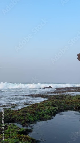 Ocean Surf Rolling Across Moss Covered Reef on Tropical Rocky Beach