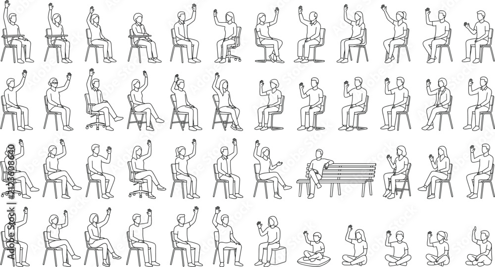 Fototapeta premium Collection of Seated People Raising Hands in Various Poses Top View Vector Set