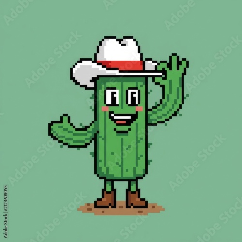 Pixel Art Cowboy Cactus Character Waving Hello