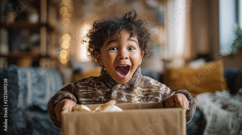 Child with thrilled expression opening gift, Child with a delighted expression eagerly opening a colorful gift