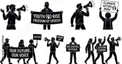 Protest and Activism Silhouette Icons with Youth, Climate, and Justice Demonstration Signs