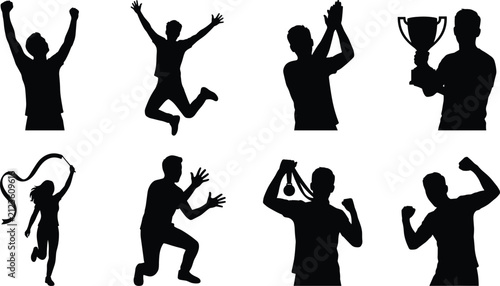 Silhouette People Celebrating Success with Victory Poses, Trophies, and Medals Collection