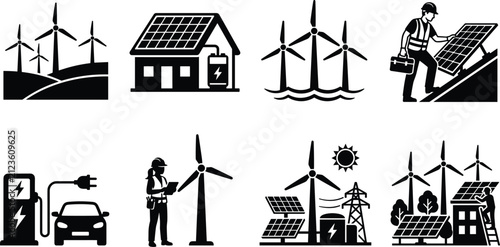 Renewable Energy and Sustainable Technology Icons with Wind Turbines, Solar Panels, and Electric Vehicles