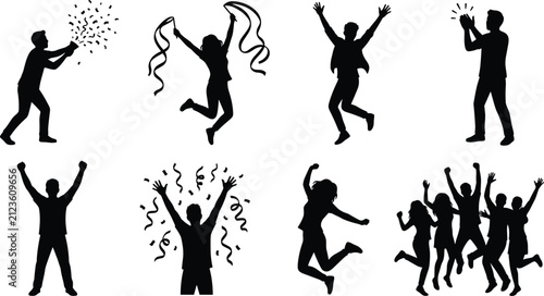 Silhouette People Celebrating with Confetti, Streamers, and Joyful Victory Poses Collection