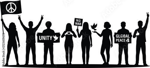 Silhouette People Holding Peace Signs, Unity Posters, and Global Harmony Symbols Illustration