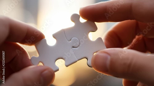 Connecting puzzle pieces in sunlight at a city location