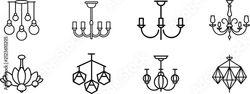 Quadro su tela Modern chandelier outline icon collection featuring elegant pendant lights, ceiling lamps, and decorative lighting fixtures in minimalist line art