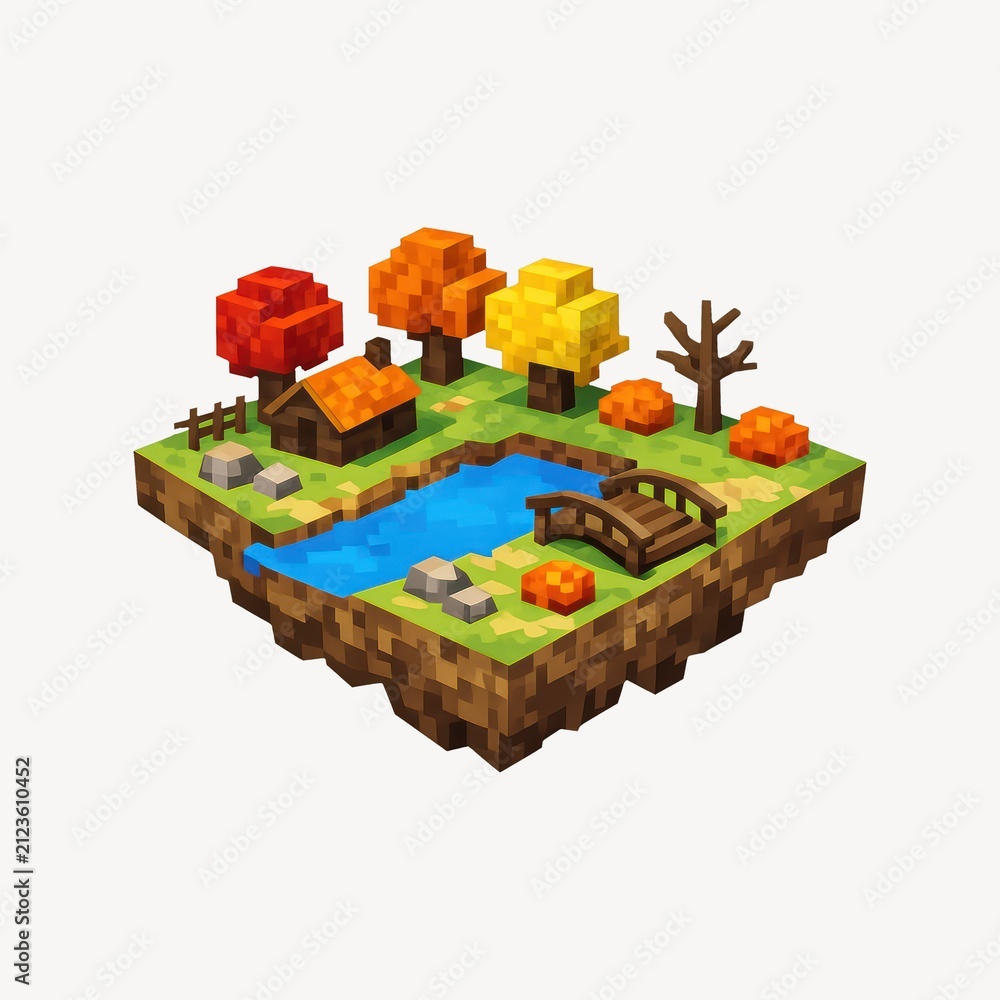 Obraz premium Pixel art of a floating island with autumn trees, pond, and bridge.