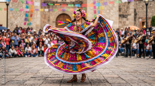 Beautiful Mexican woman in vibrant traditional folkloric dress performing dynamic dance movement on historic cobblestone street.
