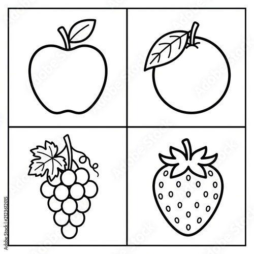 Hand-drawn outline fruits: apple, orange, grapes, strawberry, isolated on white, coloring page