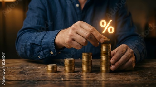 A business person stacking gold coins on a wooden table with a glowing percentage sign representing financial growth and interest rates