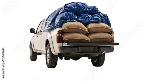 White pickup truck with filled bags isolated on transparent background png element