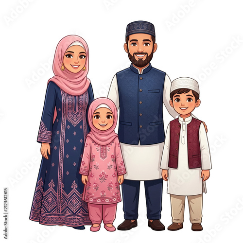 Happy Muslim Family Portrait: Parents and Two Children in Traditional Islamic Clothing