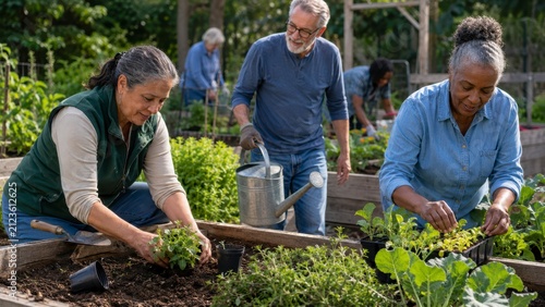 Community garden older adult gardening plant soil outdoor volunteer senior social emotional well being raised bed watering can green plant hand tool nature teamwork leisure rural cultivation