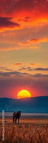 A lonely horse stands in a vast open range at sunset, wild west, digital art