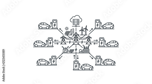 Industrial Smart Grid Network with Electric Vehicles Renewable Energy Sources and Power Stations in Minimalist Black and White