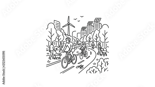 Modern Black and White Line of Sustainable Urban Living with Cyclists Pedestrians Wind Turbines Solar Panels and Green Spaces