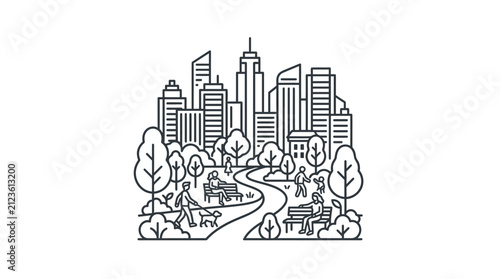 Creative Black and White Line Drawing of Urban Park with People Trees Skyscrapers and Dogs in a Cityscape