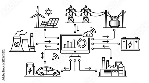 Corporate Smart Energy Grid Management System Diagram in Minimalist Black and White Line Art Style
