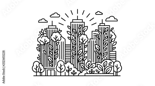 Minimalist Black and White Line Drawing of Urban Skyline with Vertical Greenery and Trees with high quality professional line art symbols for modern creative design and digital branding projects