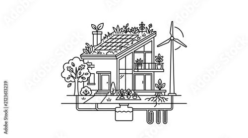 Creative Eco Friendly House with Rooftop Garden Wind Turbine and Sustainable Energy System Black and White Line Art