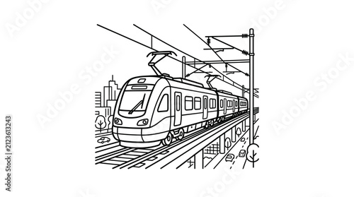 Clean Black and White Line Drawing of Modern Electric Train on Tracks with Overhead Wires and City Skyline