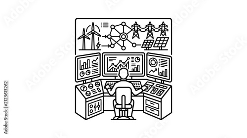 Elegant Black and White of Energy Management Control Center with Renewable Sources and Data Analytics