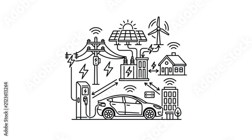 Professional Black and White Line Drawing of Smart Energy Grid with Solar Panels Wind Turbine Charging Station and Smart Home Devices