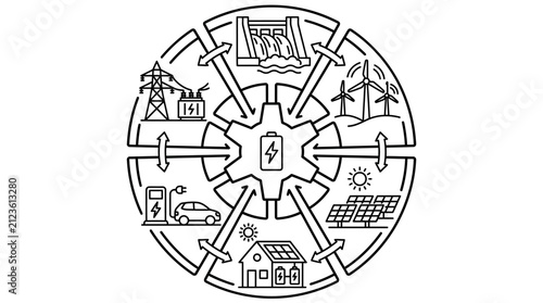 Dynamic Black and White Circular Diagram Showing Renewable Energy Sources Electric Grid and Sustainable Power Flow