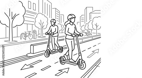 Sleek Black and White Line of Two People Riding Electric Scooters on Urban Pathway with Direction Arrows