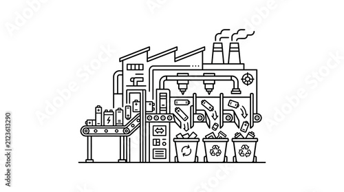 Minimalist Black and White Line Drawing of Battery Recycling Factory with Conveyor Belt and Sorting Process