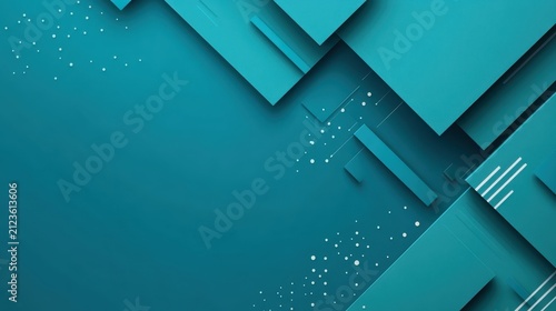 Abstract teal geometric background. Modern 3D shapes with particles and digital lines.