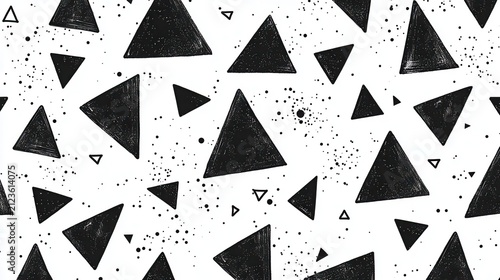 Black triangle pattern on white background. Geometric monochrome texture with grunge dots.