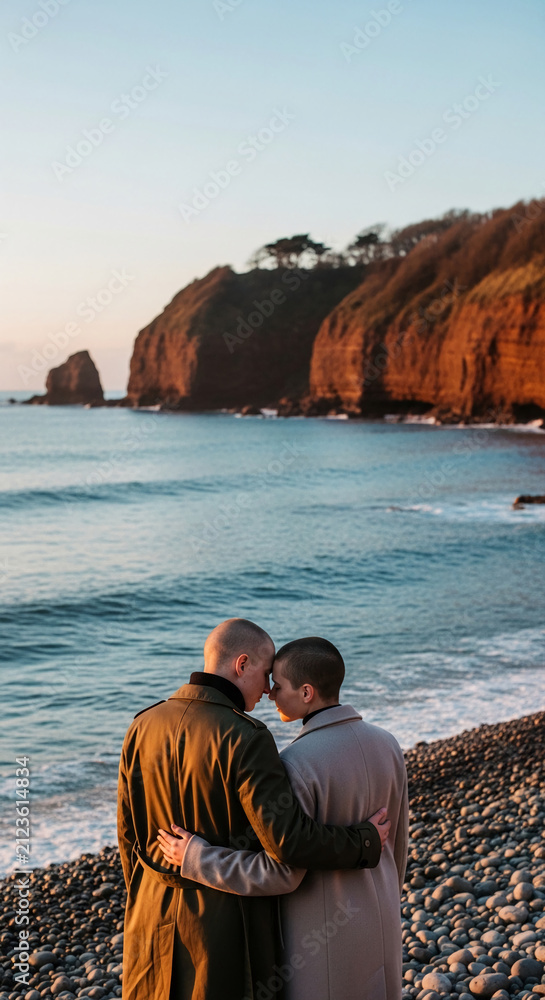 Fototapeta premium Couple embracing on a rocky beach with sea and cliffs, symbolizing connection, love, and nature's beauty, perfect for romance or travel themes